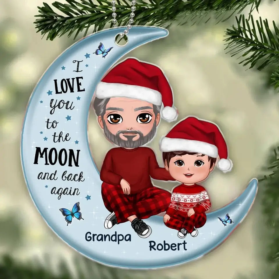 Grandpa Dad & Kid On Moon Christmas Gift Personalized Acrylic Ornament