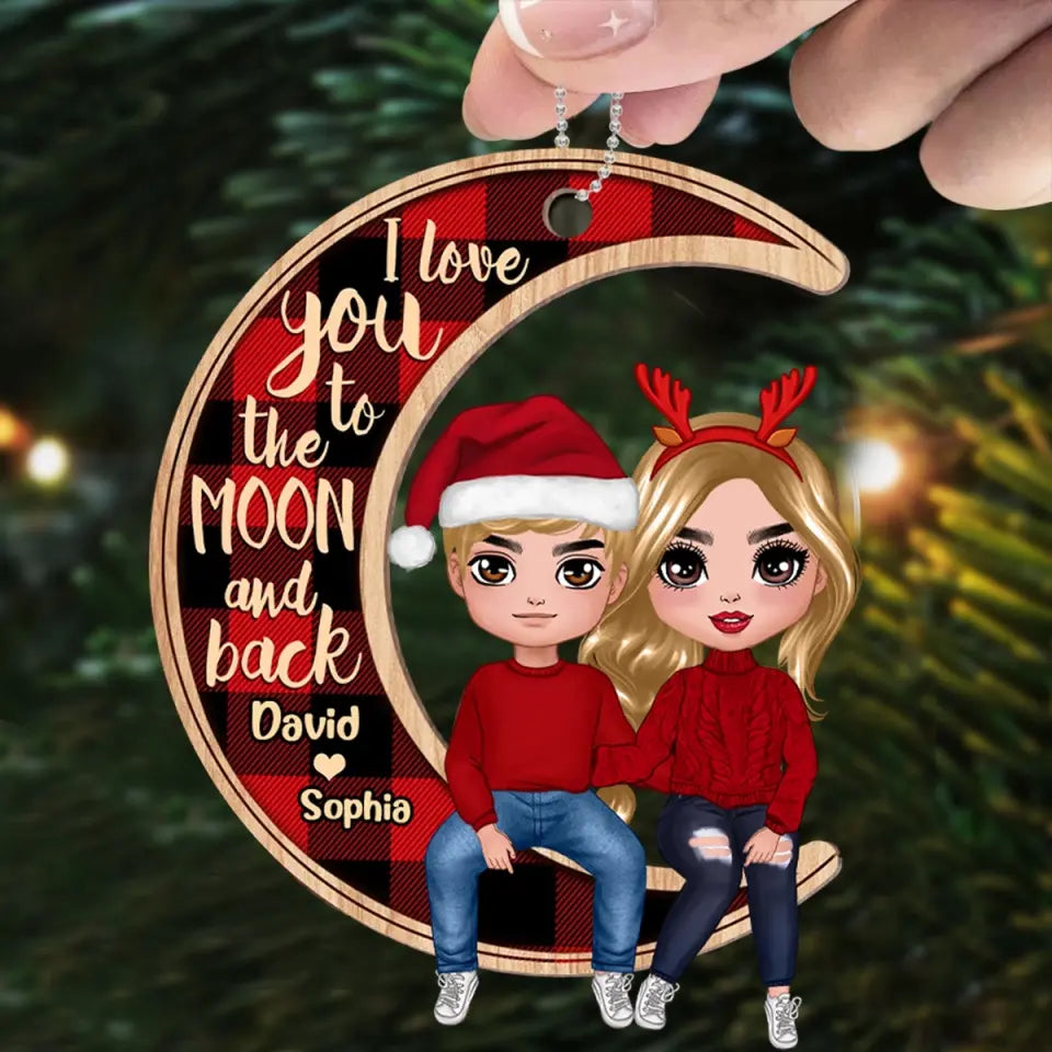 Couple Sitting On Moon Christmas Personalized Wooden Ornament