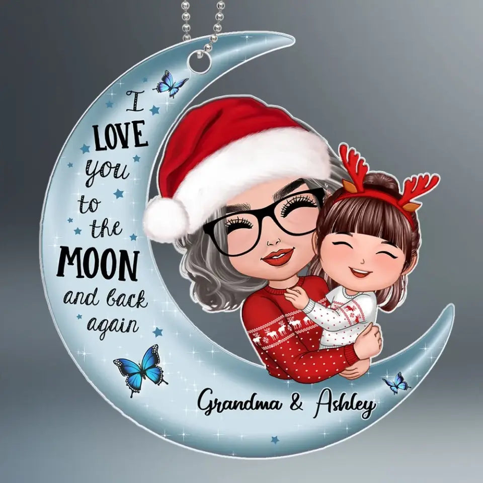 Christmas Doll Grandma & Kid Hugging On Moon Christmas Gift Personalized Acrylic Ornament