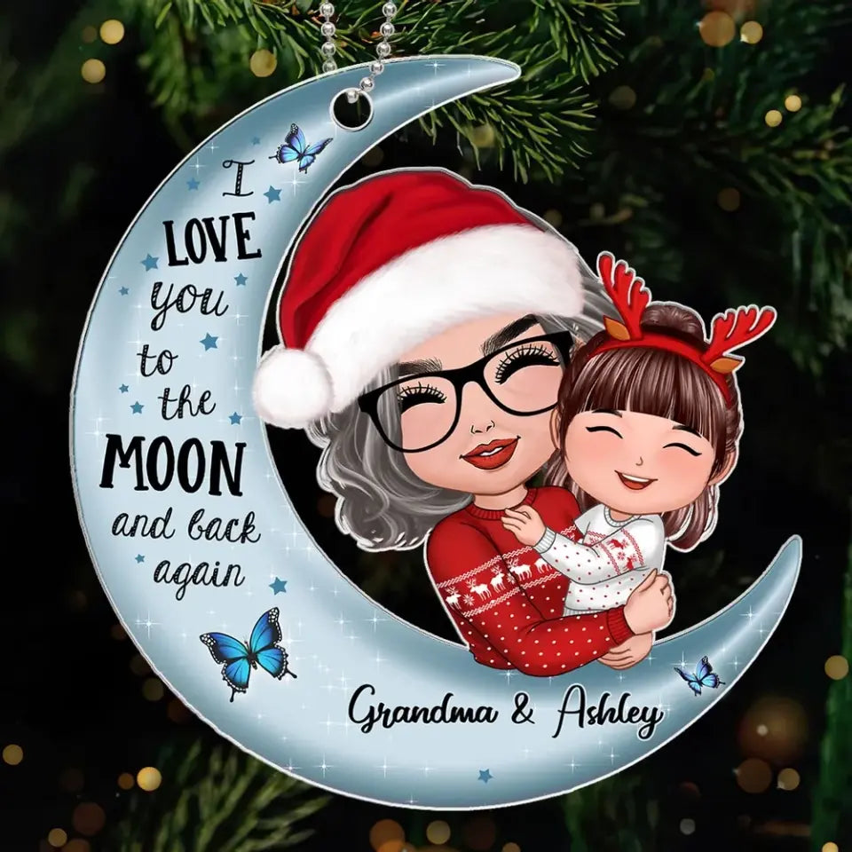 Christmas Doll Grandma & Kid Hugging On Moon Christmas Gift Personalized Acrylic Ornament
