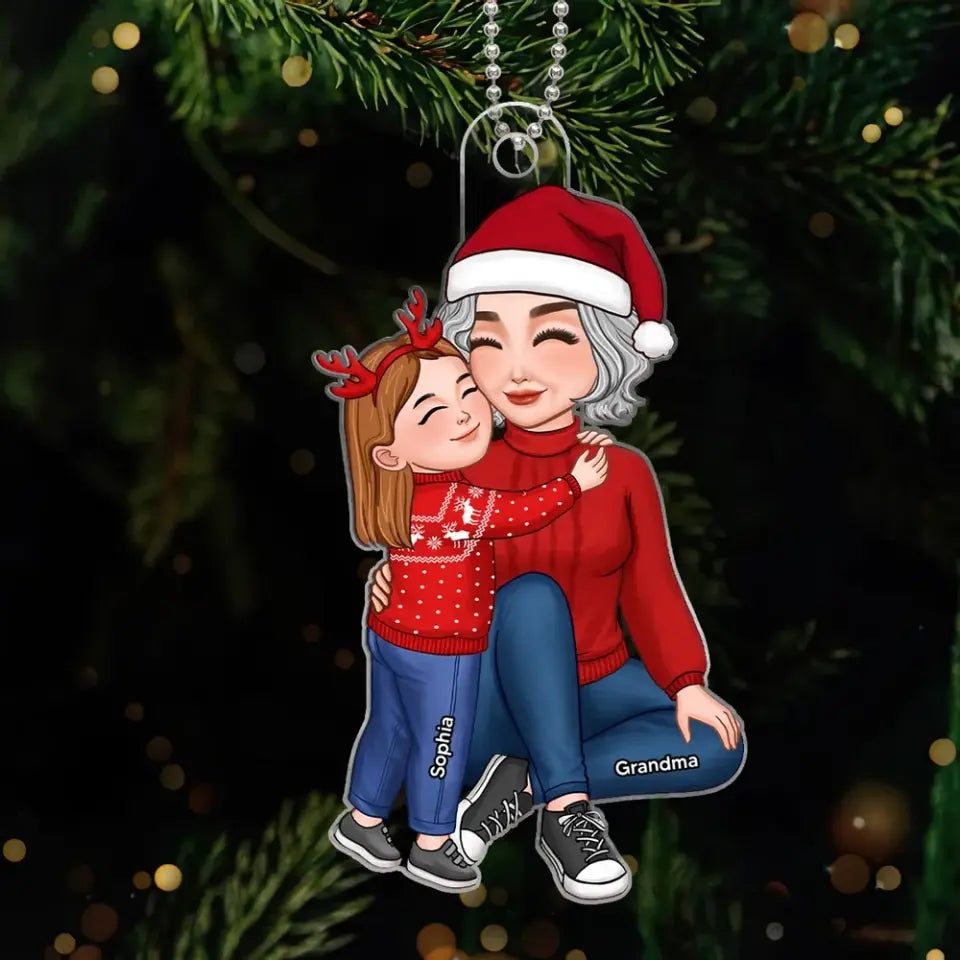 Grandkid Hugging Sitting Grandma Christmas Gift For Granddaughter Grandson Personalized Acrylic Ornament