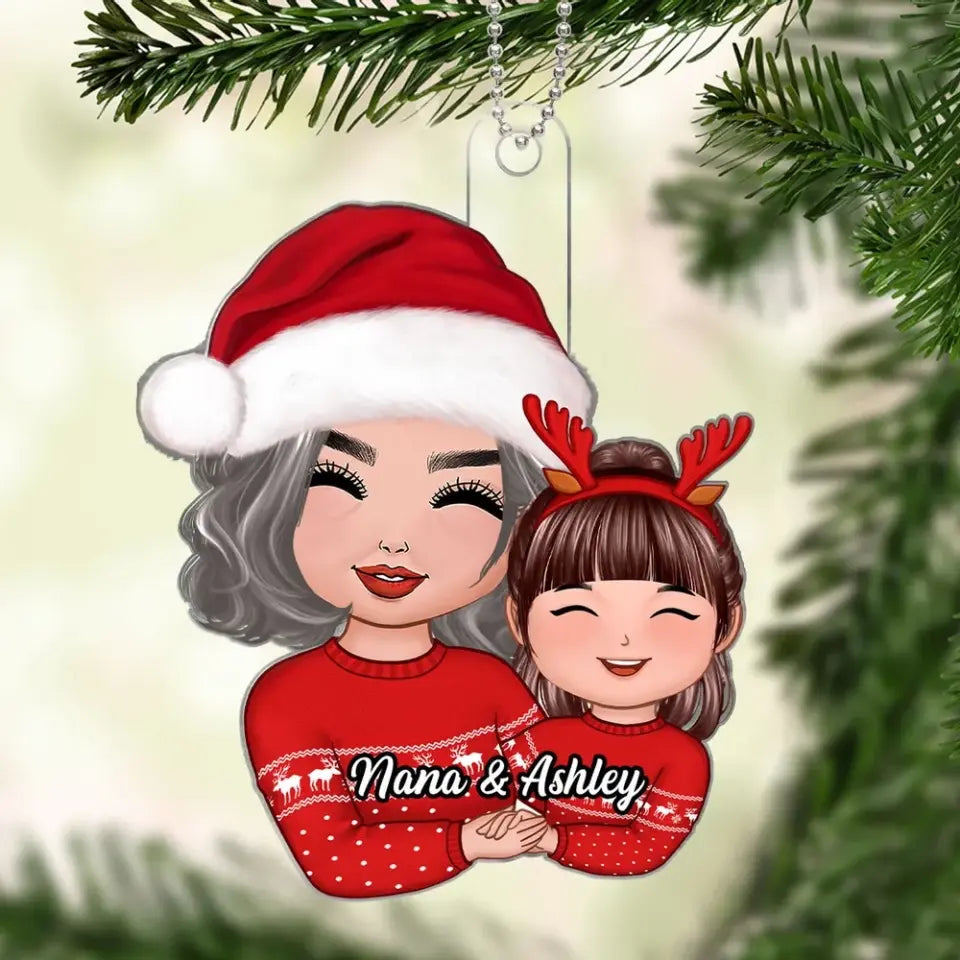 Doll Grandma Grandkid Hugging Holding Hands Christmas Gift For Granddaughter Grandson Personalized Acrylic Ornament