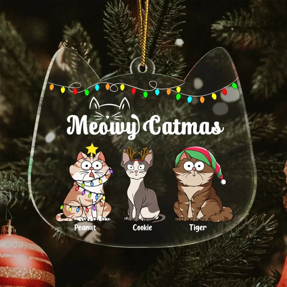 Meowy Catmas Funny Cartoon Cats - Christmas Gift For Cat Lovers - Personalized Custom Shaped Acrylic Ornament