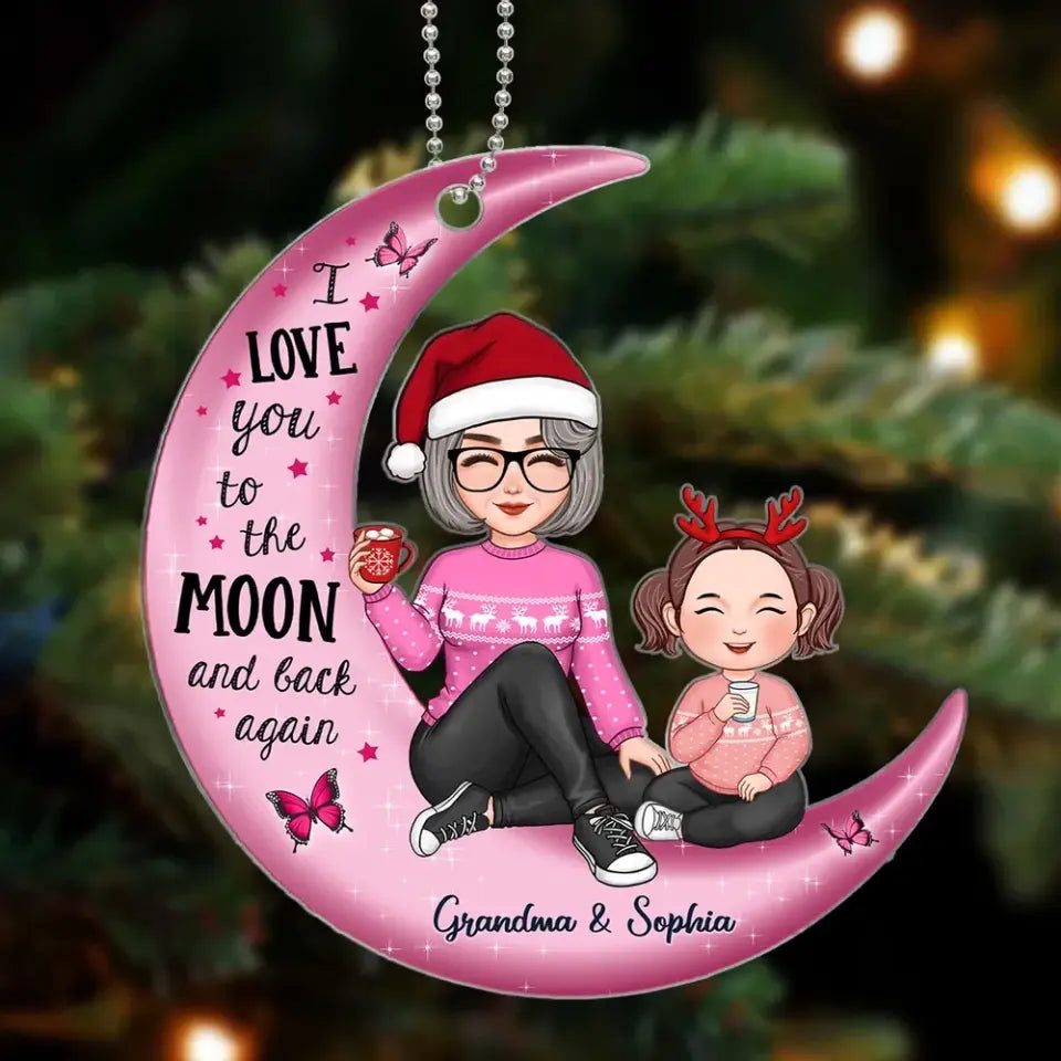 Cute Grandma Grandpa & Grandkid On Pink Moon Christmas Gift Personalized Acrylic Ornament