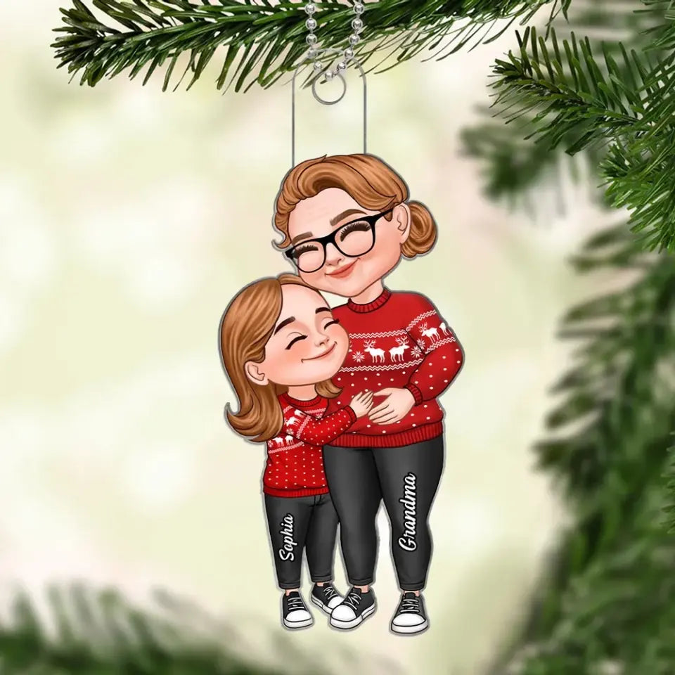 Cartoon Grandma & Grandkid Hugging Christmas Gift For Granddaughter Grandson Personalized Acrylic Ornament