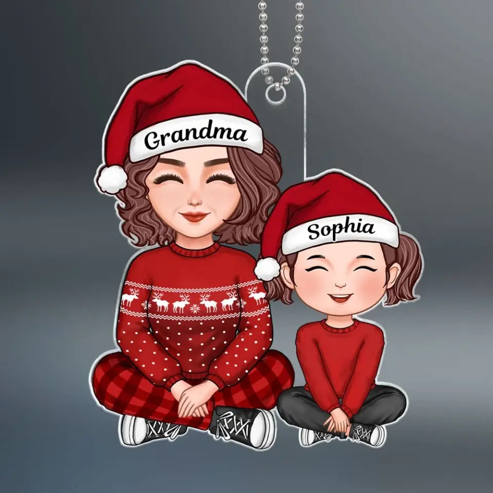 Cute Grandma Grandpa & Grandkid Sitting Crossed Legs Christmas Gift Personalized Acrylic Ornament