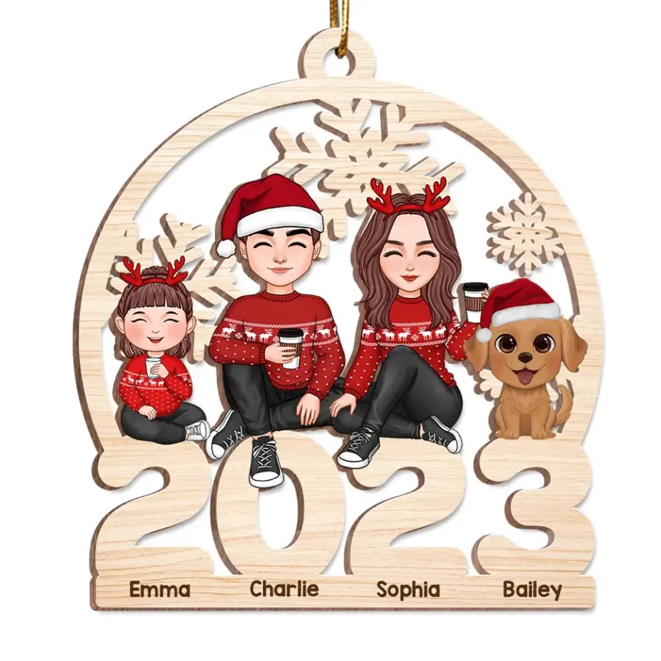 Cute Family Dad Mom Kid Dog Cat Sitting On 2023 Cut-through Personalized Wooden Ornament