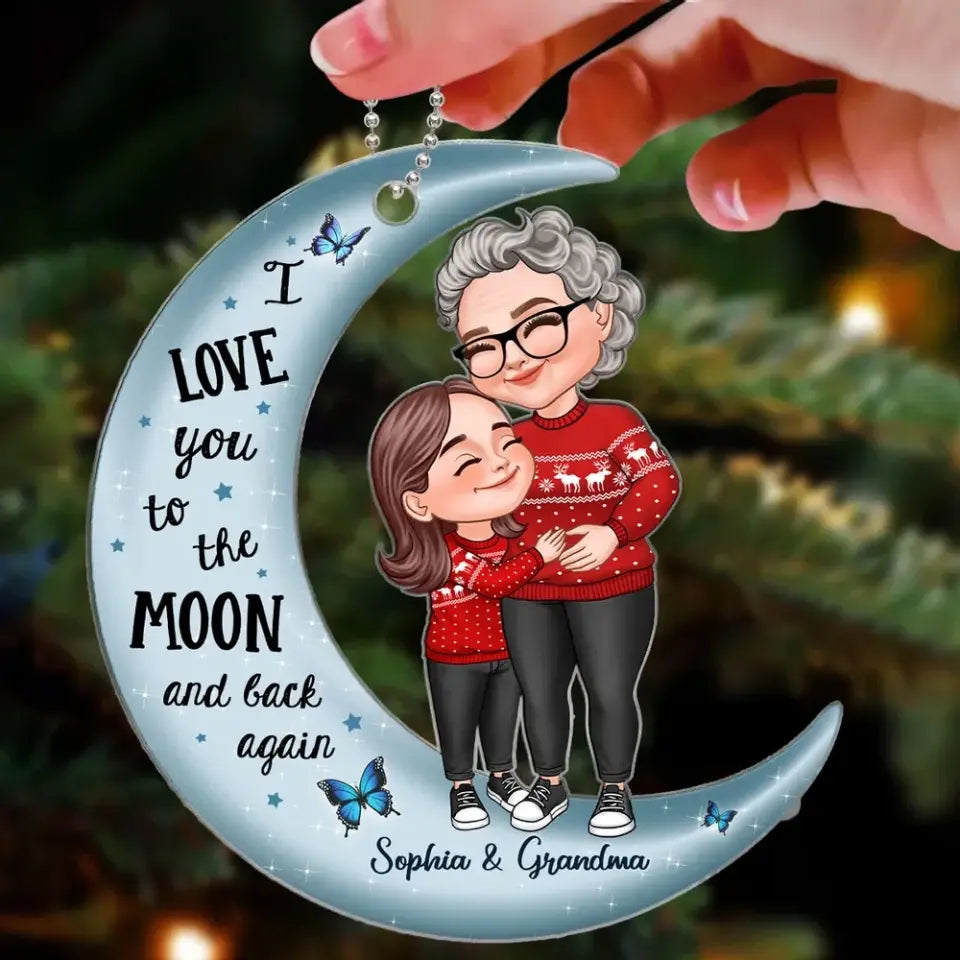 Cute Cartoon Grandma & Grandkid Hugging On Moon Christmas Gift Personalized Acrylic Ornament