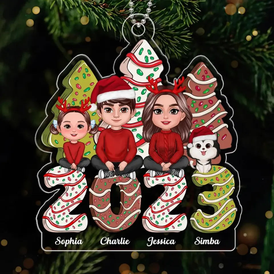 Family Crossed Legs Sitting Christmas Tree Cake Patterned Personalized Acrylic Ornament