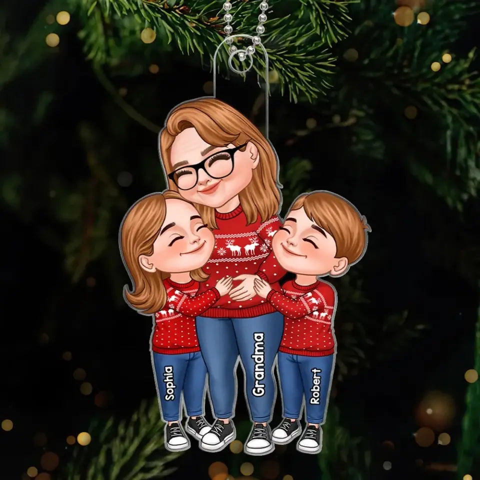 Cartoon Grandma & Grandkids Hugging Christmas Gift For Grandma Granddaughter Grandson Personalized Acrylic Ornament