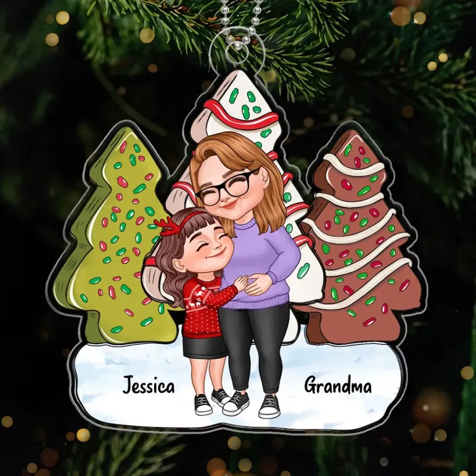 Christmas Tree Cake Patterned Cartoon Grandma & Grandkids Hugging Personalized Acrylic Ornament