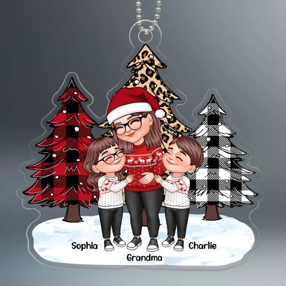 Leopard Checkered Pattern Christmas Tree Cartoon Grandma & Grandkids Hugging Personalized Acrylic Ornament