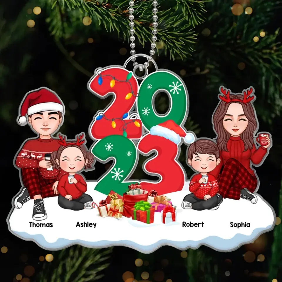 Cute Family Dad Mom Kids Dogs Cats Sitting By 2023 Christmas Personalized Acrylic Orname