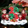 Cute Family Dad Mom Kids Dogs Cats Sitting By 2023 Christmas Personalized Acrylic Orname