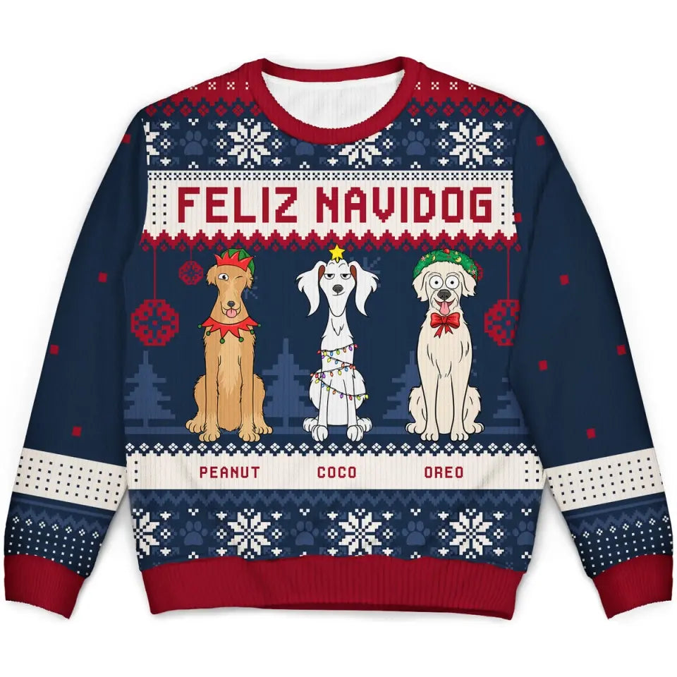Feliz Navidog Merry Woofmas Funny Cartoon Dogs - Christmas Gift For Dog Lovers - Personalized Unisex Ugly Sweater