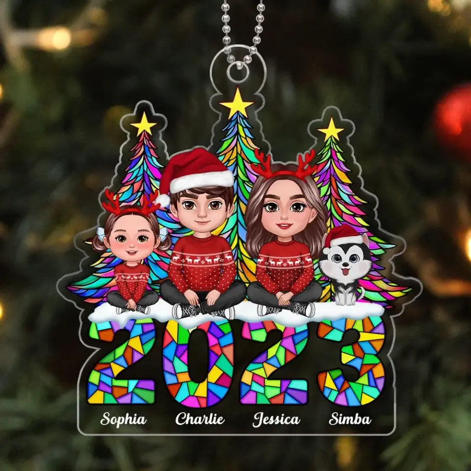 Family Crossed Legs Stained Glass Christmas Tree Personalized Acrylic Ornament
