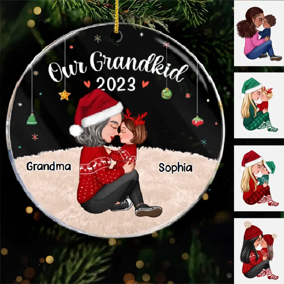 Grandma Mom Holding Kid Side View Personalized Acrylic Ornament- Acrylic Round Shaped - Christmas Gift For Family