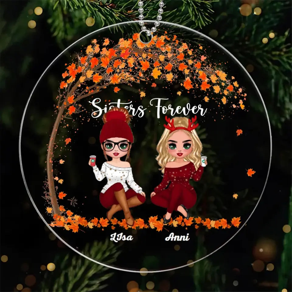 Doll Besties Sisters Sitting Under Tree Christmas Personalized Acrylic Ornament