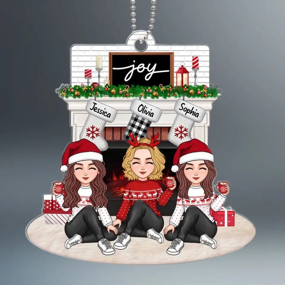 Cute Besties Sisters Sitting At Christmas Fireplace Gift For Best Friends Sisters Personalized Acrylic Ornament