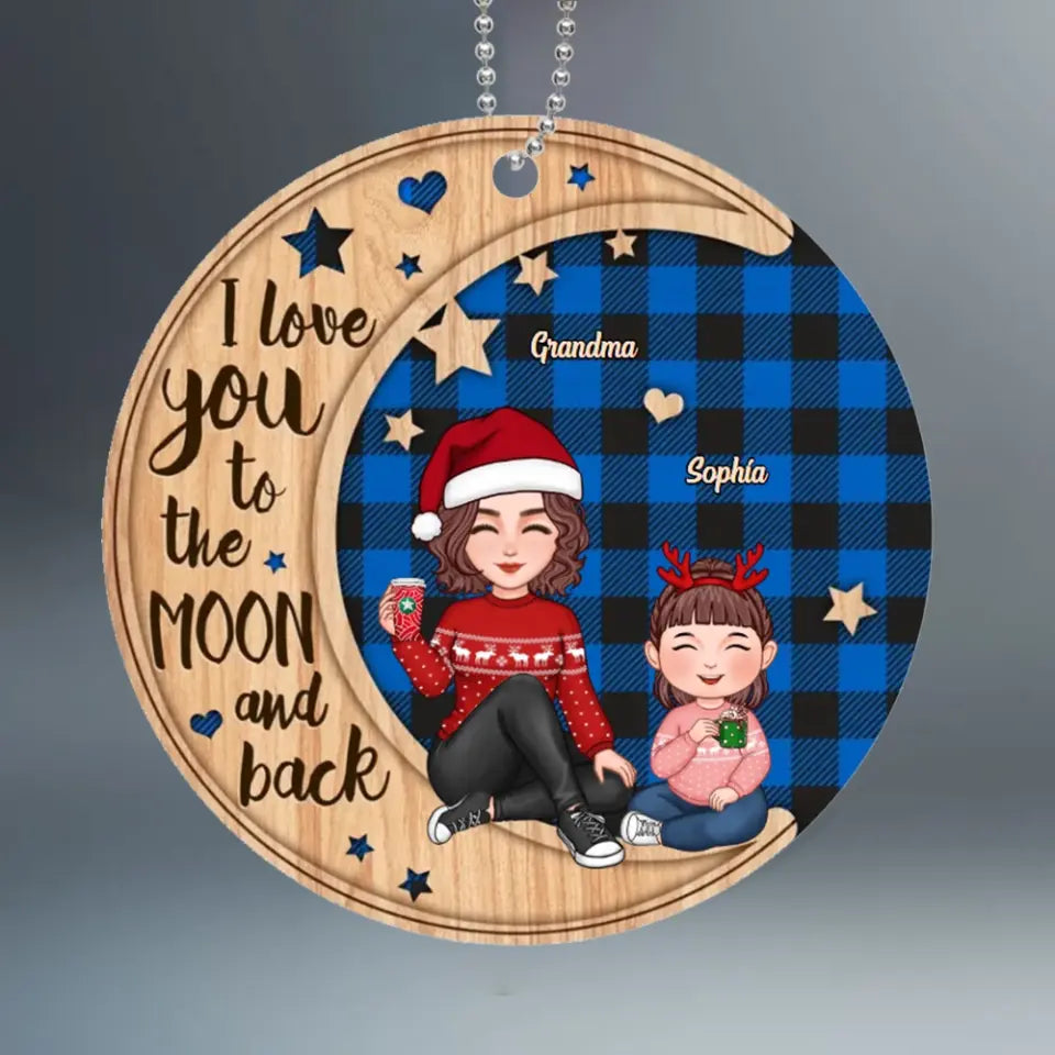 Checkered Pattern Doll Grandma & Grandkid On Moon Personalized Wooden Ornament
