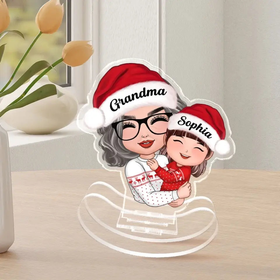 [BUY 1, GET 1 FREE] Doll Grandma Hugging Kid Christmas Gift For Granddaughter Grandson Personalized Acrylic Shaking Stand