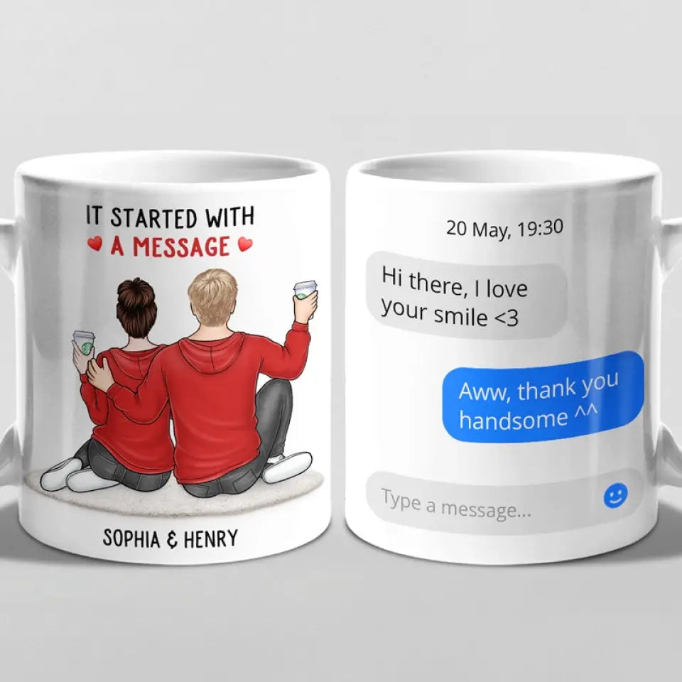 It Started With A Message - Couple Personalized Custom Mug - Gift For Husband Wife, Anniversary