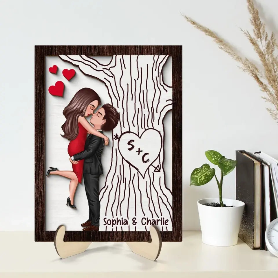 Heart Carved Tree Couple Initials Valentine‘s Day Gift For Her Gift For Him Personalized 2-Layer Wooden Plaque