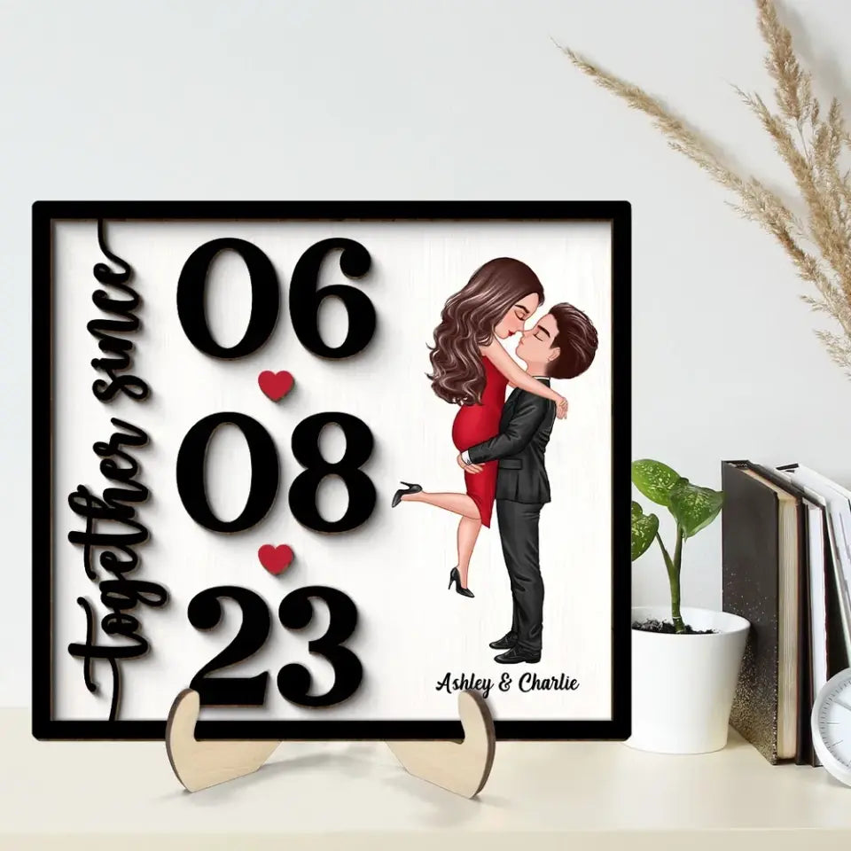 Doll Couple Hugging Kissing Anniversary Date Gift For Him Gift For Her Personalized 2-Layer Wooden Plaque