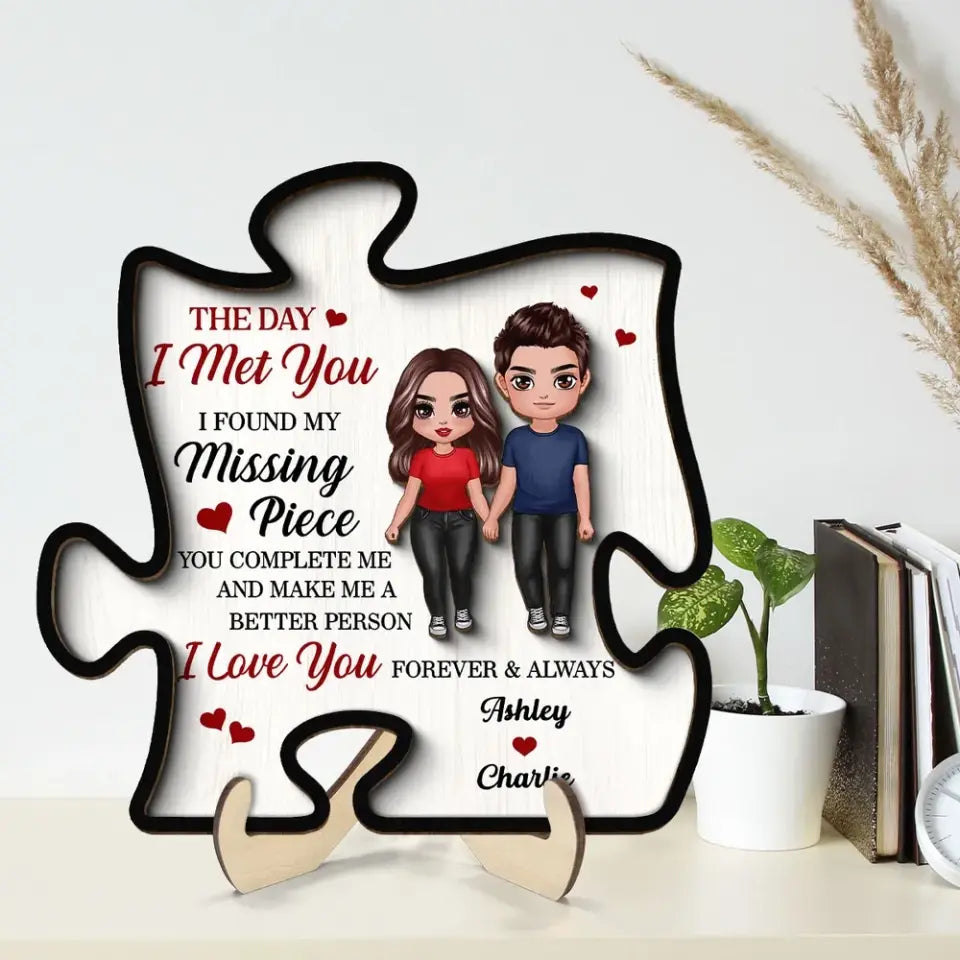 Doll Couple Found My Missing Piece Valentine‘s Day Anniversary Gift For Him For Her Personalized 2-Layer Wooden Plaque
