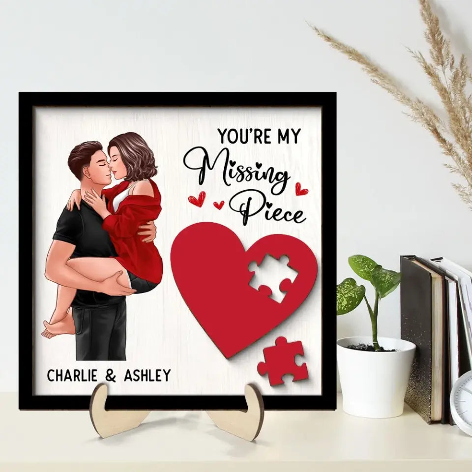 Couple Kissing Passionate Missing Piece Red Heart Valentine‘s Day Gift For Her Gift For Him Personalized 2-Layer Wooden Plaque