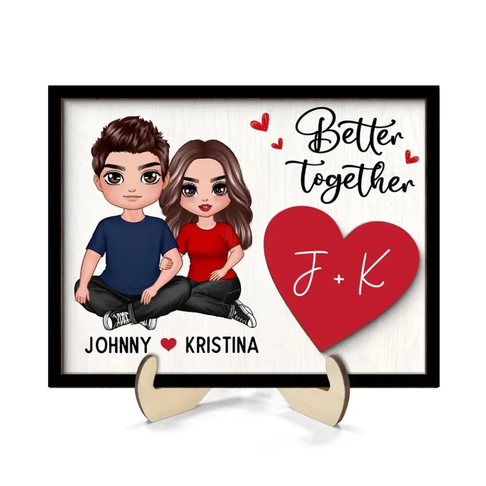 Couple Sitting Embracing Initial Names Valentine‘s Day Gift For Him For Her Personalized 2-Layer Wooden Plaque
