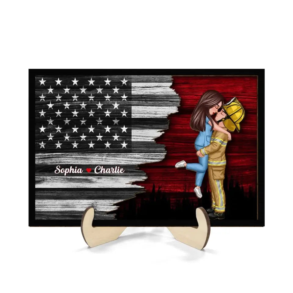 Half Flag Couple Valentine‘s Day Gifts by Occupation Gift For Her Gift For Him Firefighter, Nurse Personalized 2-Layer Wooden Plaque