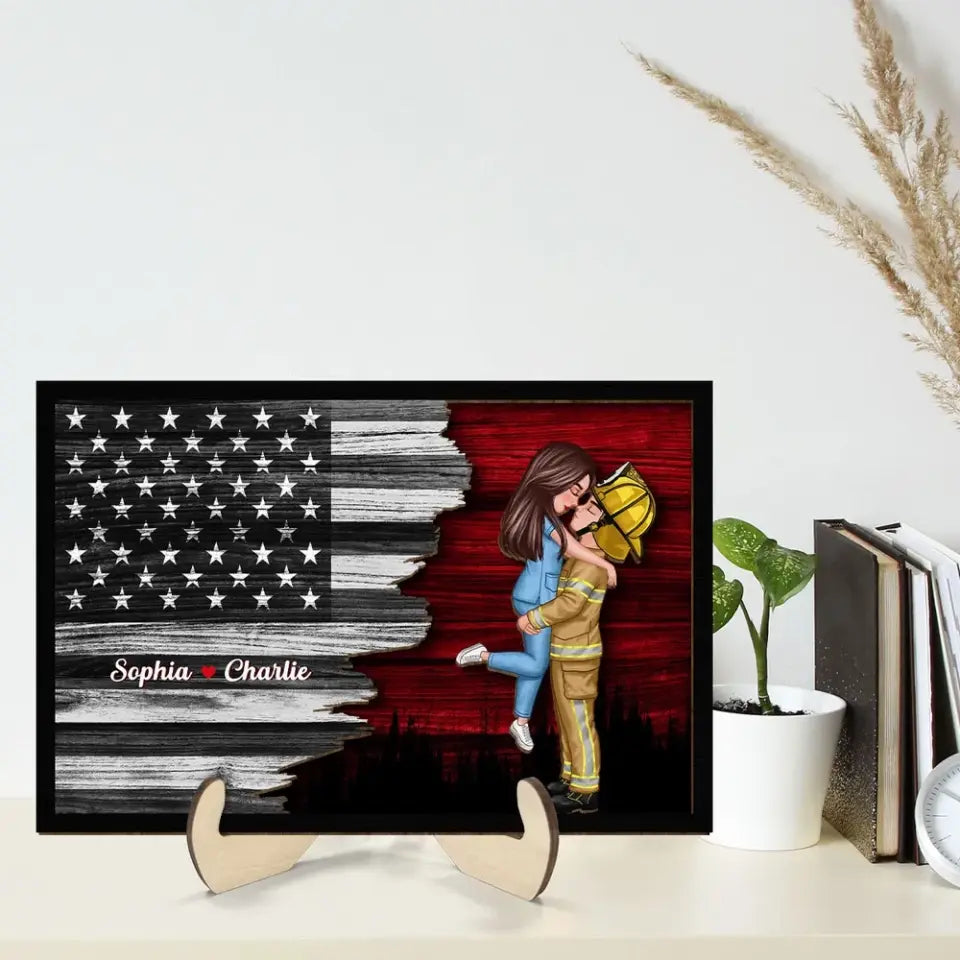 Half Flag Couple Valentine‘s Day Gifts by Occupation Gift For Her Gift For Him Firefighter, Nurse Personalized 2-Layer Wooden Plaque