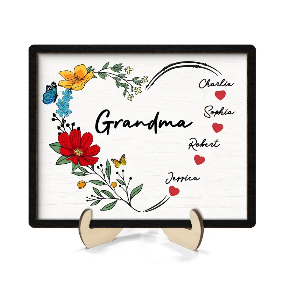Grandma Mom Hearts Flower Kids Names Personalized 2-layer Wooden Plaque