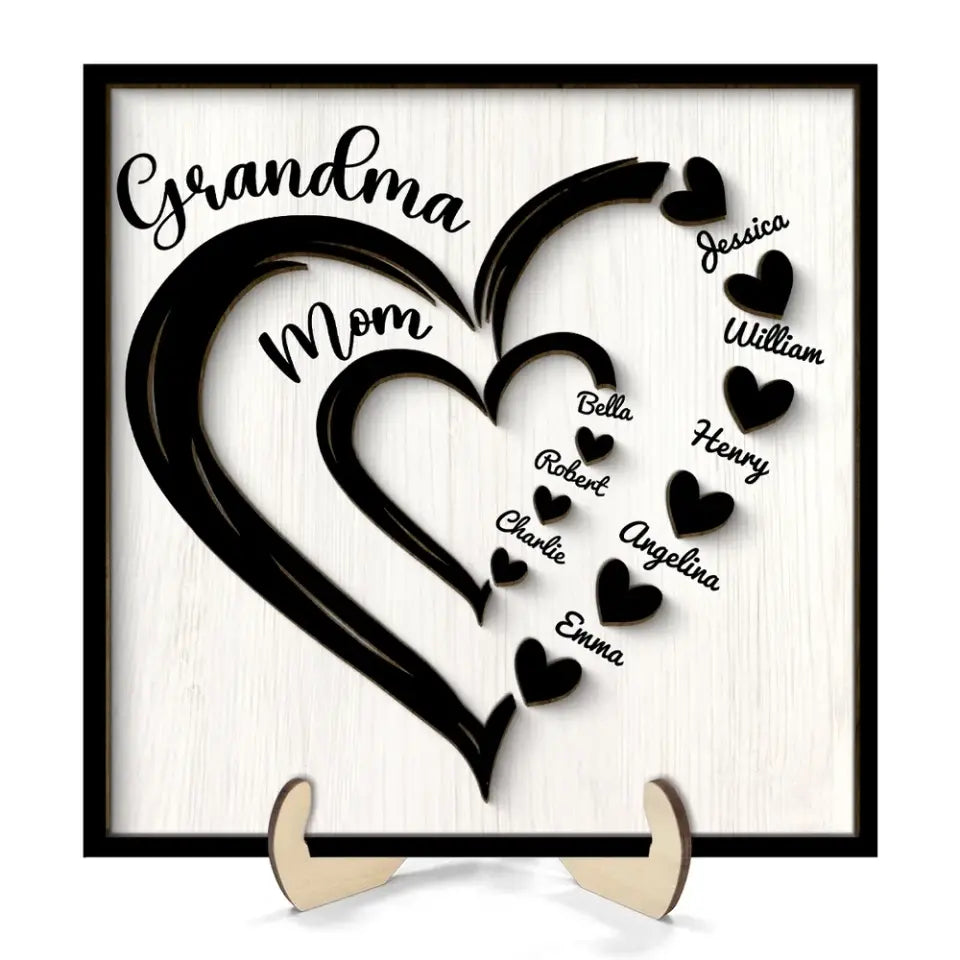 Grandma Mom Heart In Heart Personalized 2-layer Wooden Plaque, Mother's Day Gift For Mom