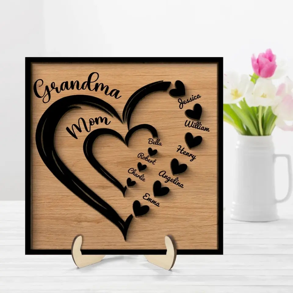 Grandma Mom Heart In Heart Personalized 2-layer Wooden Plaque, Mother's Day Gift For Mom