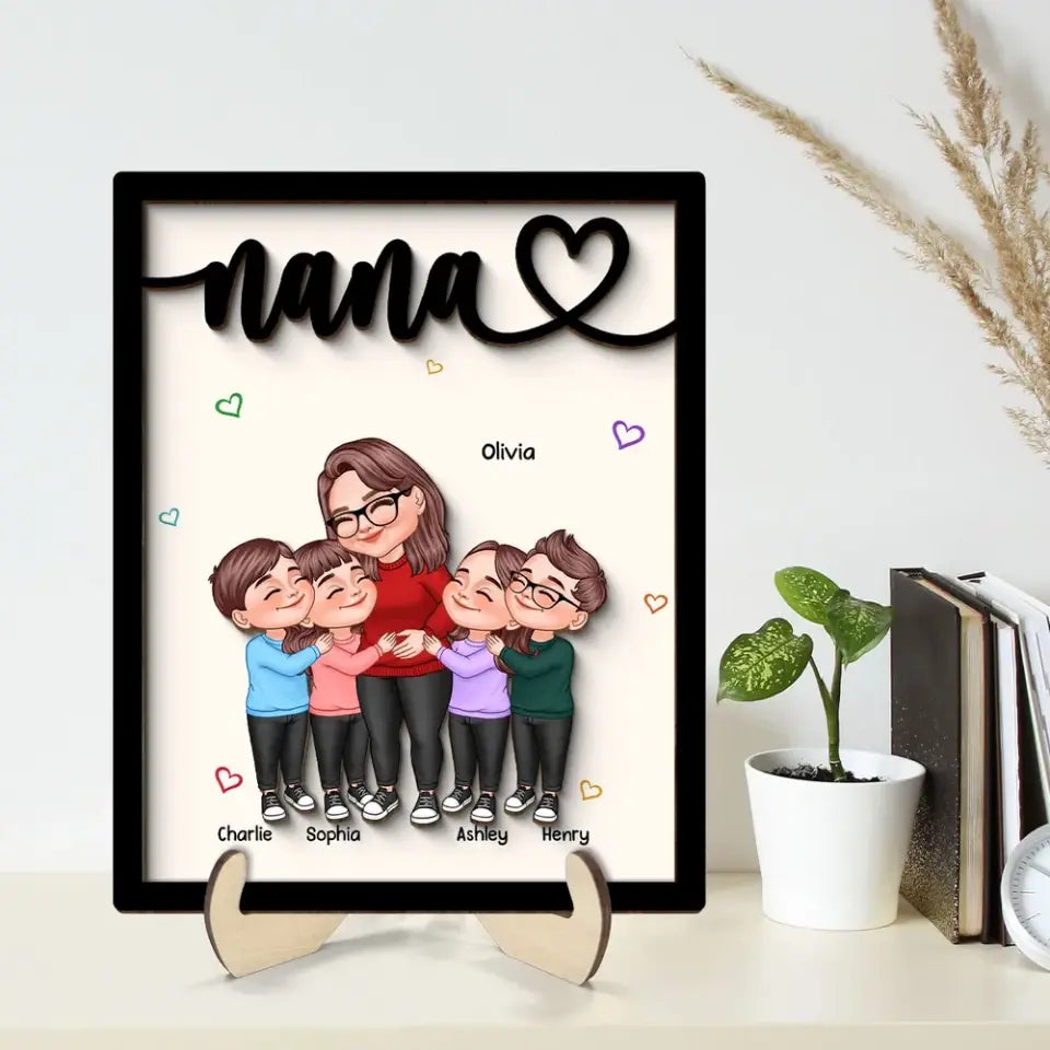 Grandma & Grandkids Hugging Gift For Grandma Mom Personalized 2-Layer Wooden Plaque