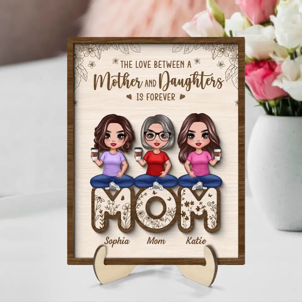 Mom And Daughters Sitting On Word Mother‘s Day Gift Personalized 2-Layer Wooden Plaque