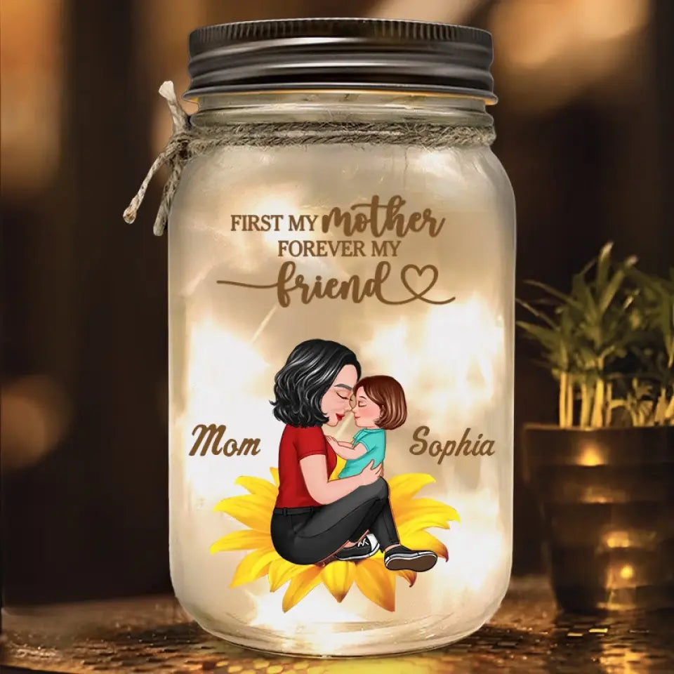 Mom and Kid Sitting On Flower Personalized Custom Mason Jar Light