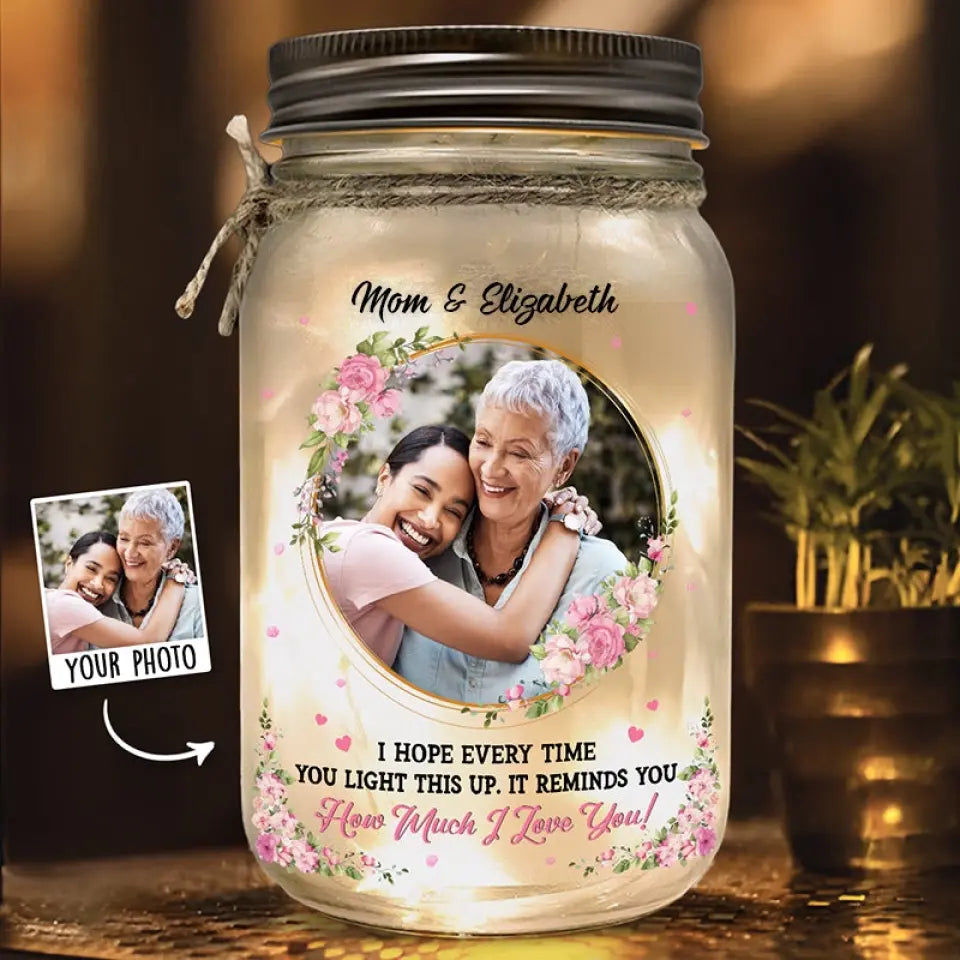 Custom Photo Remember How Much I Love You - Family Personalized Custom Mason Jar Light - Gift For Mom, Grandma