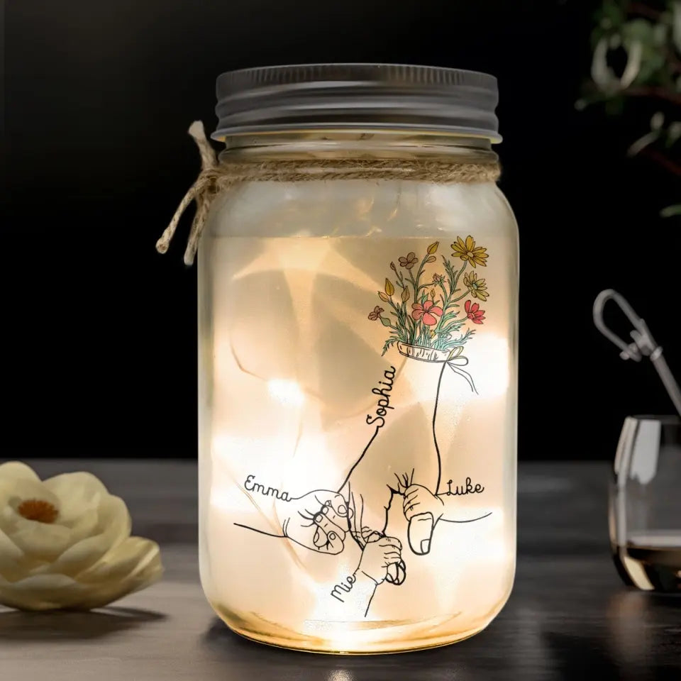 Mom Grandma Floral Hands Holding - Personalized Mason Jar Light