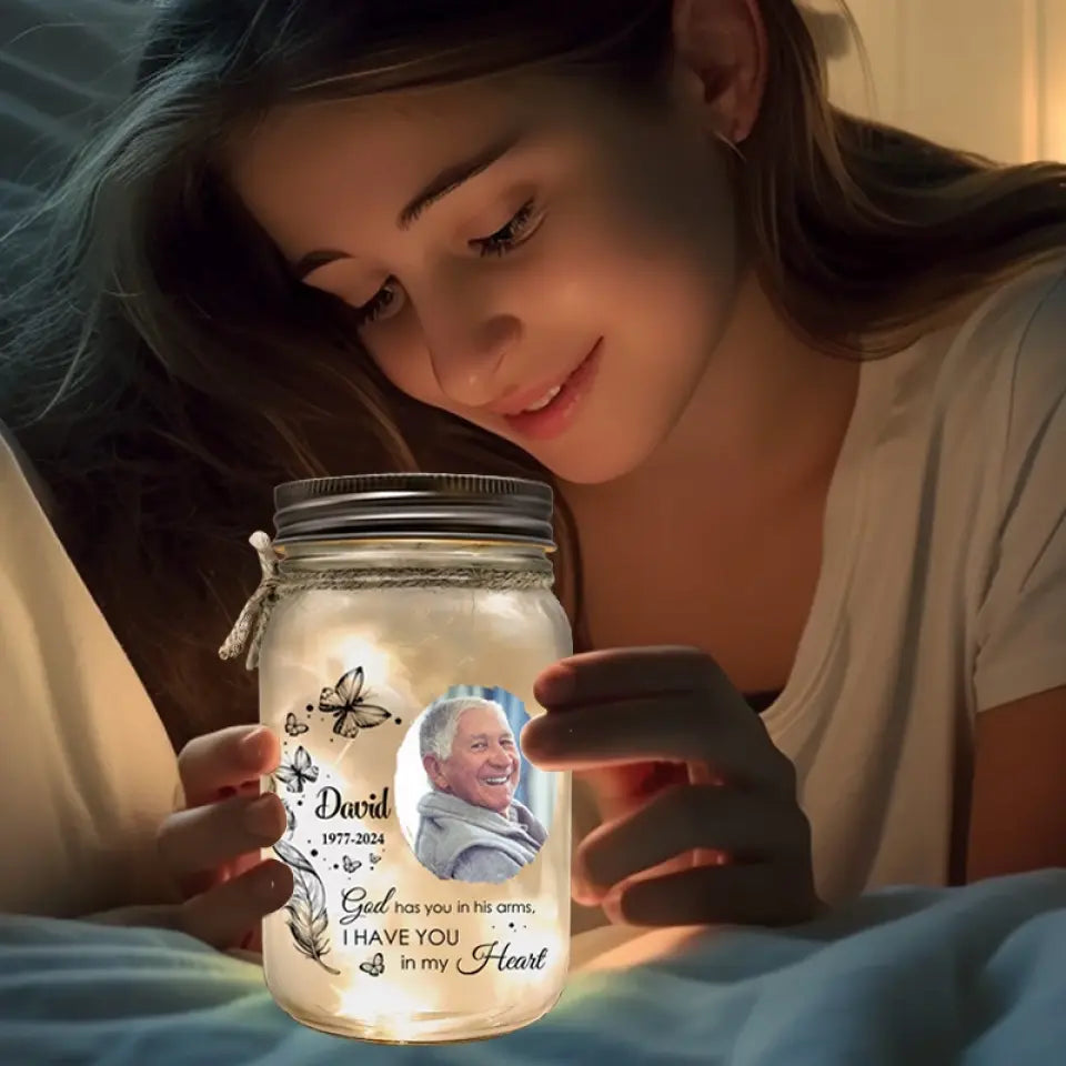God Has You in His Arms, I Have You in My Heart - Personalized Custom Mason Jar Light - Sympathy Gift For Family Members