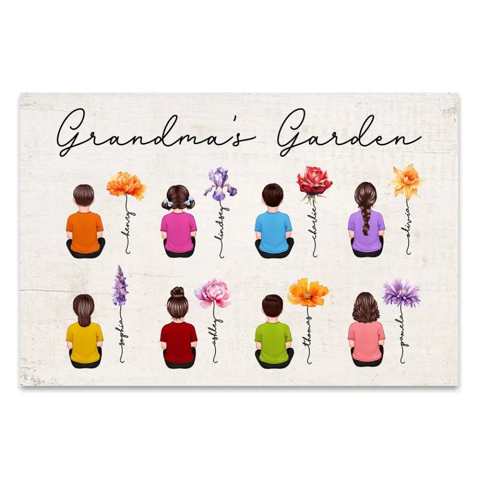 Grandkids Sitting Back View Grandma Garden Beautiful Birth Month Flowers Mother‘s Day Gift Personalized Horizontal Poster