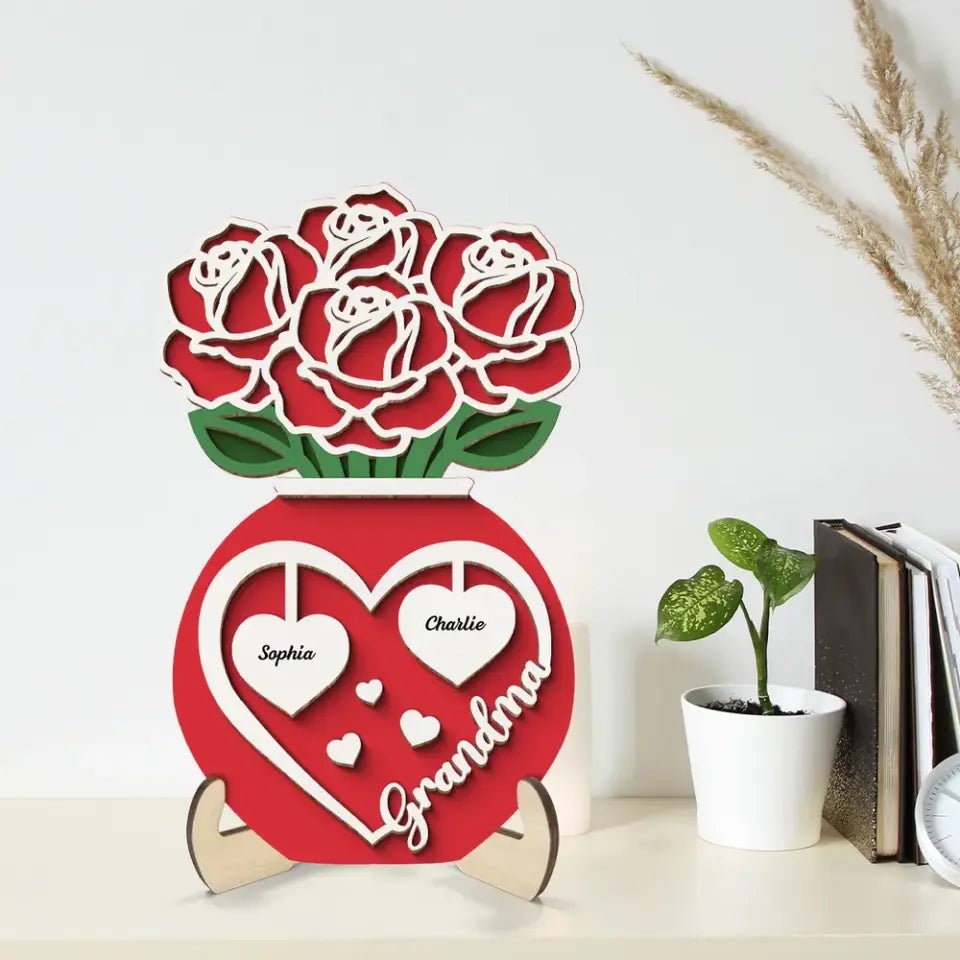 Grandma Mom Roses Bouquet In Vase Personalized 2-Layer Wooden Plaque