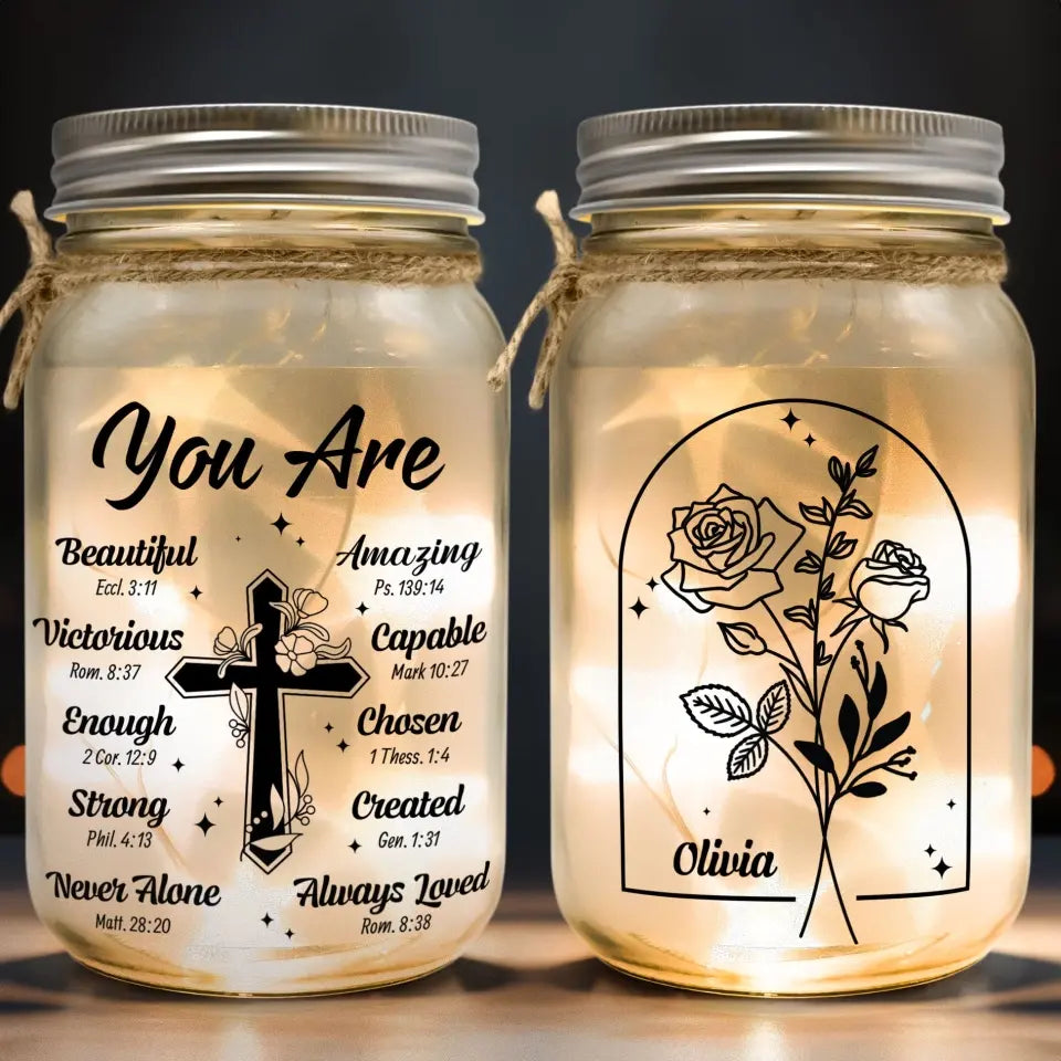 God Says You Are Birth Month Flowers - Personalized Mason Jar Light