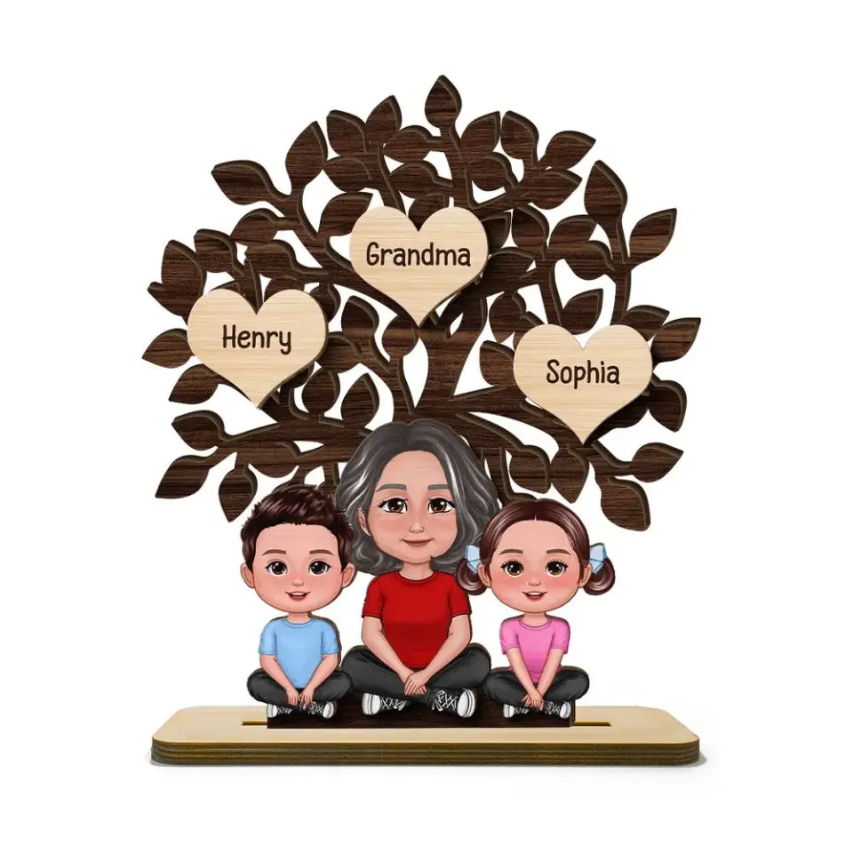 Grandma & Grandkids Sitting Under Family Tree Love Personalized 2-Layer Standing Wooden Plaque