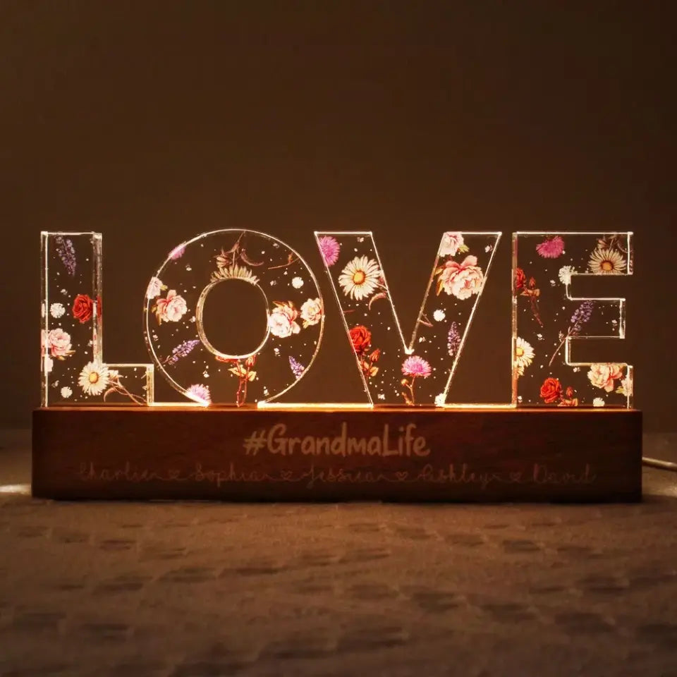 Love Grows Here, Birth Month Flower, Custom Flower Printed LED Night Light, Grandma Mom Gift