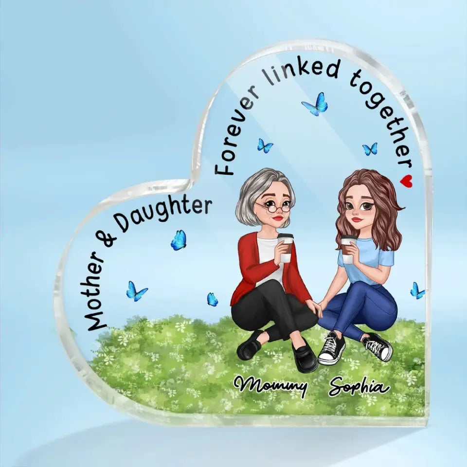 Pretty Cartoon Sitting Mom Daughter Forever Linked Together Personalized Acrylic Heart Plaque