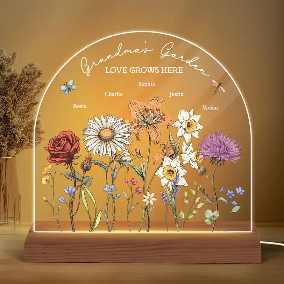 Grandma's Garden Vintage Birth Month Flowers Dome Shaped Personalized Acrylic LED Night Light