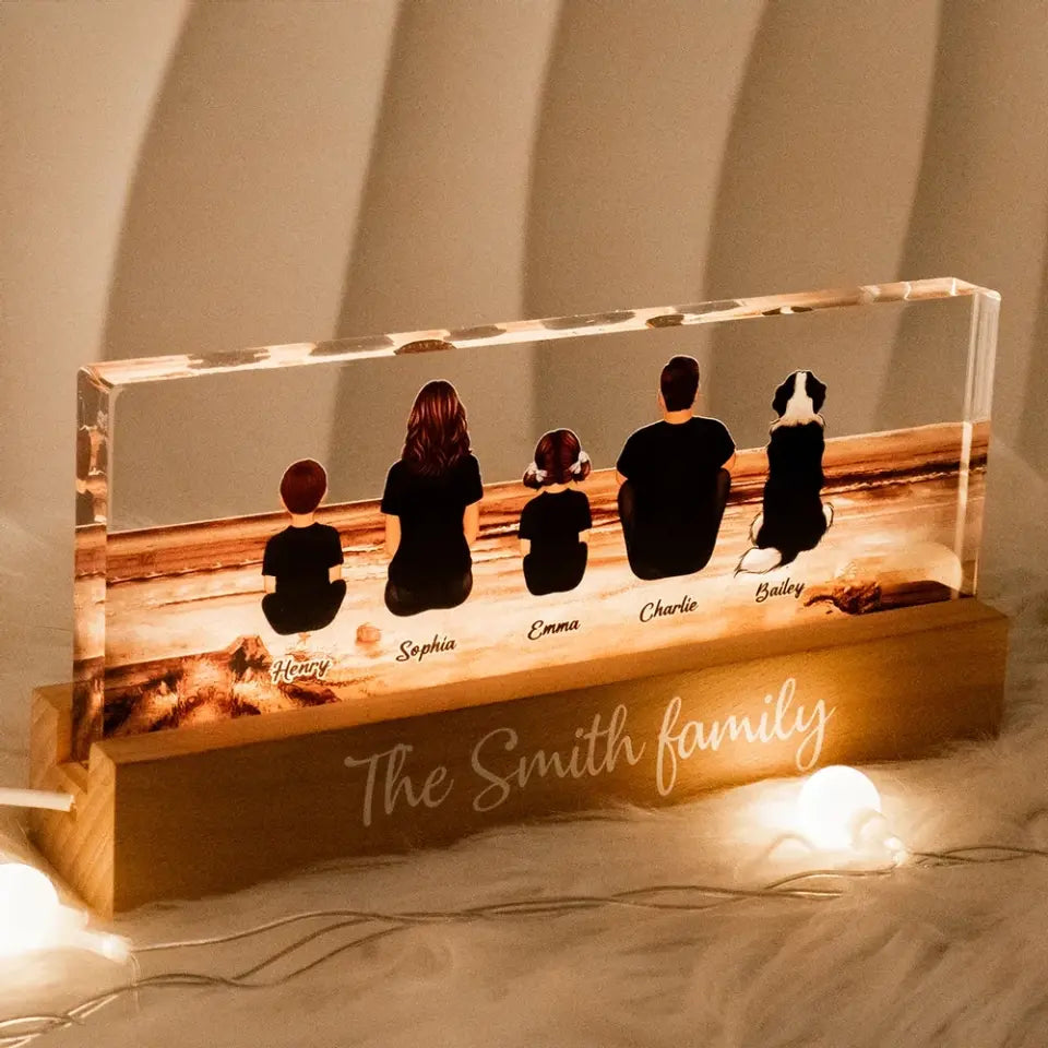 Family Sitting Back View Retro Vintage Beach Landscape Acrylic LED Night Light, Father's Day Gift For Dad, For Grandpa, For Husband